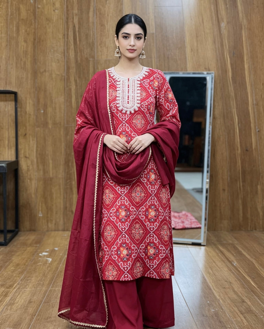 SB23 Maroon Red Bandhani Print Embroidered Kurta Set ✨