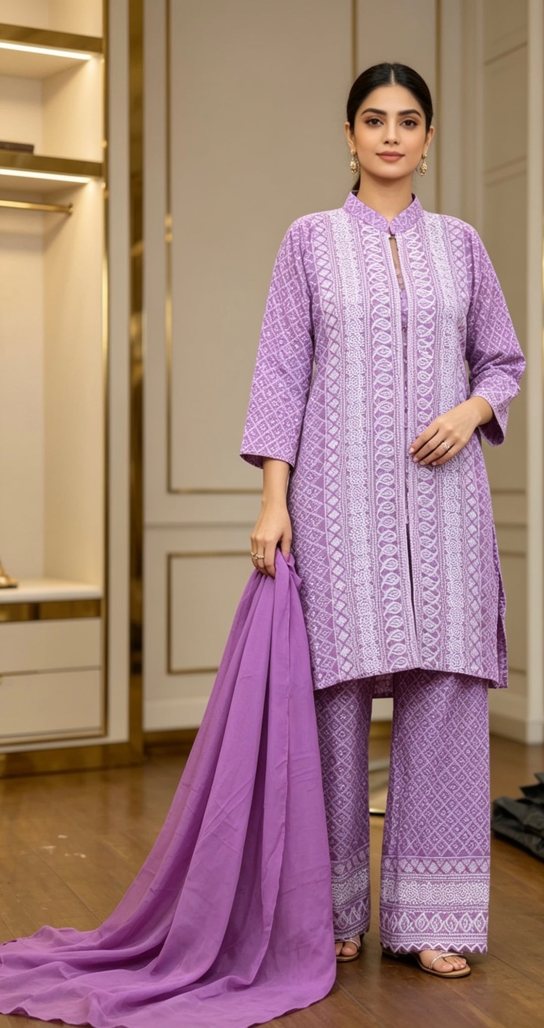 SB01 Lavender Lilac Cotton Blend Chickenkari Embroidered Straight Kurta Pant Dupatta Set