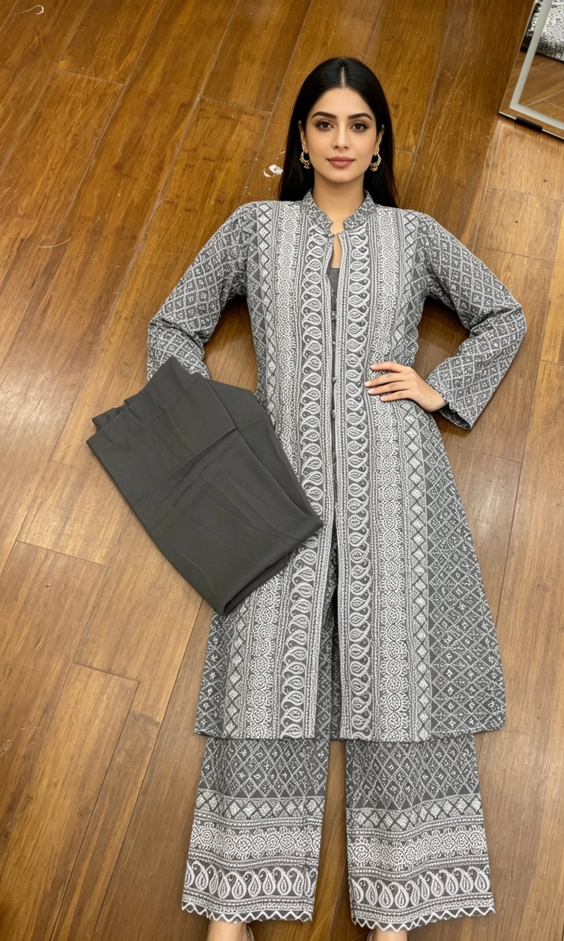 SB06 Light Grey Cotton Blend Chikankari Embroidered Kurta Pant Dupatta Set