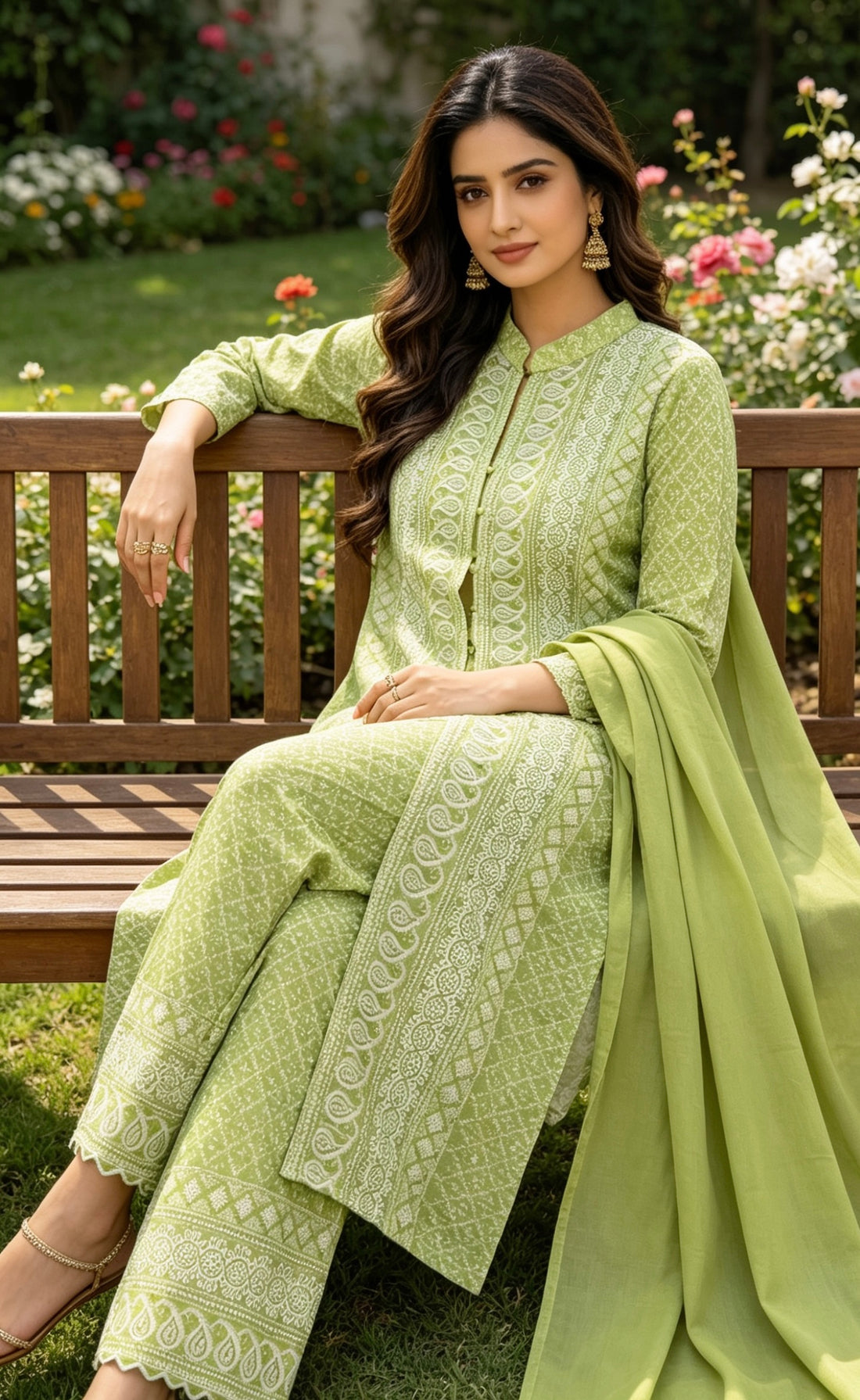SB05 Sage Green Cotton Blend Chikankari Embroidered Kurta Pant Dupatta Set
