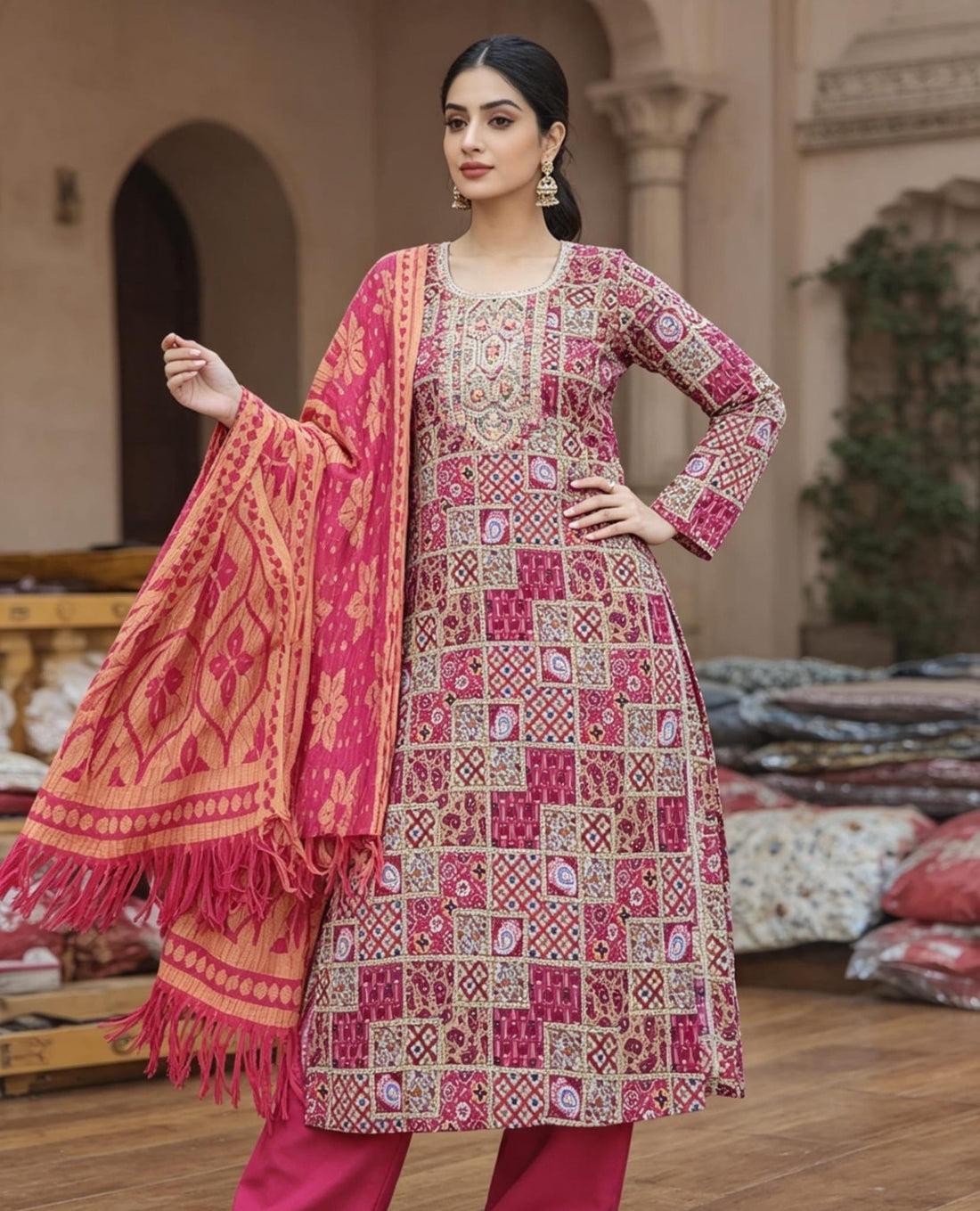 SB38 Hot pink 3-Piece Foil Print Suit with Net Designer Dupatta &amp; Plain Trousers ✨