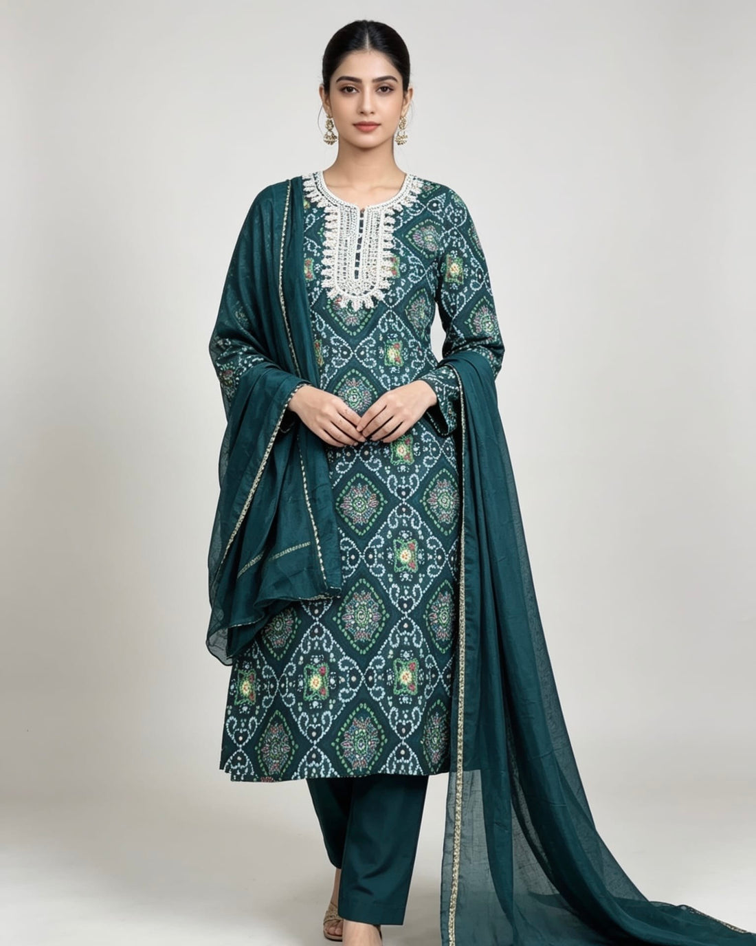 SB22 Dark Green Bandhani Print Embroidered Kurta Set ✨