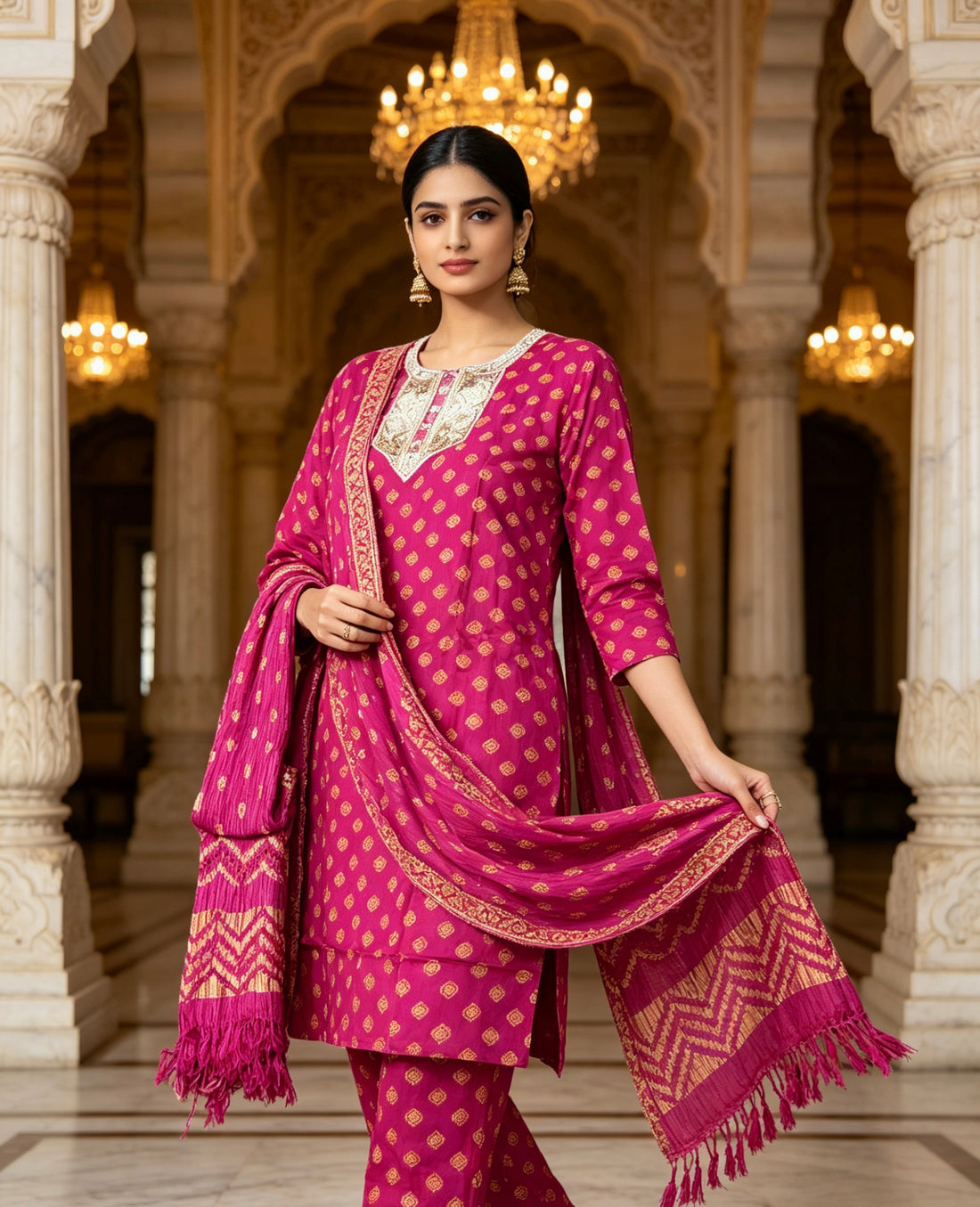 SB33 Rani Hot Pink Rayon Cotton Suit with Dark Gold Print, Sequence Work Neck Patch & Net Designer Dupatta ✨