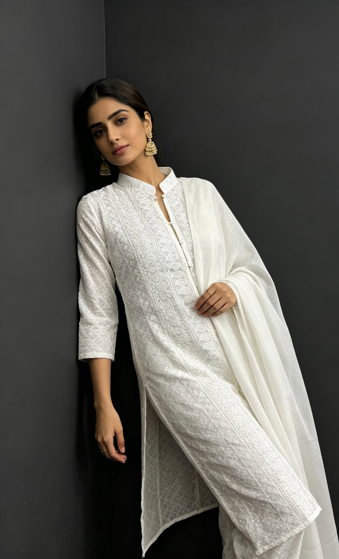 SB03 White Pure Cotton Chikankari Embroidered Kurta Pant Dupatta Set
