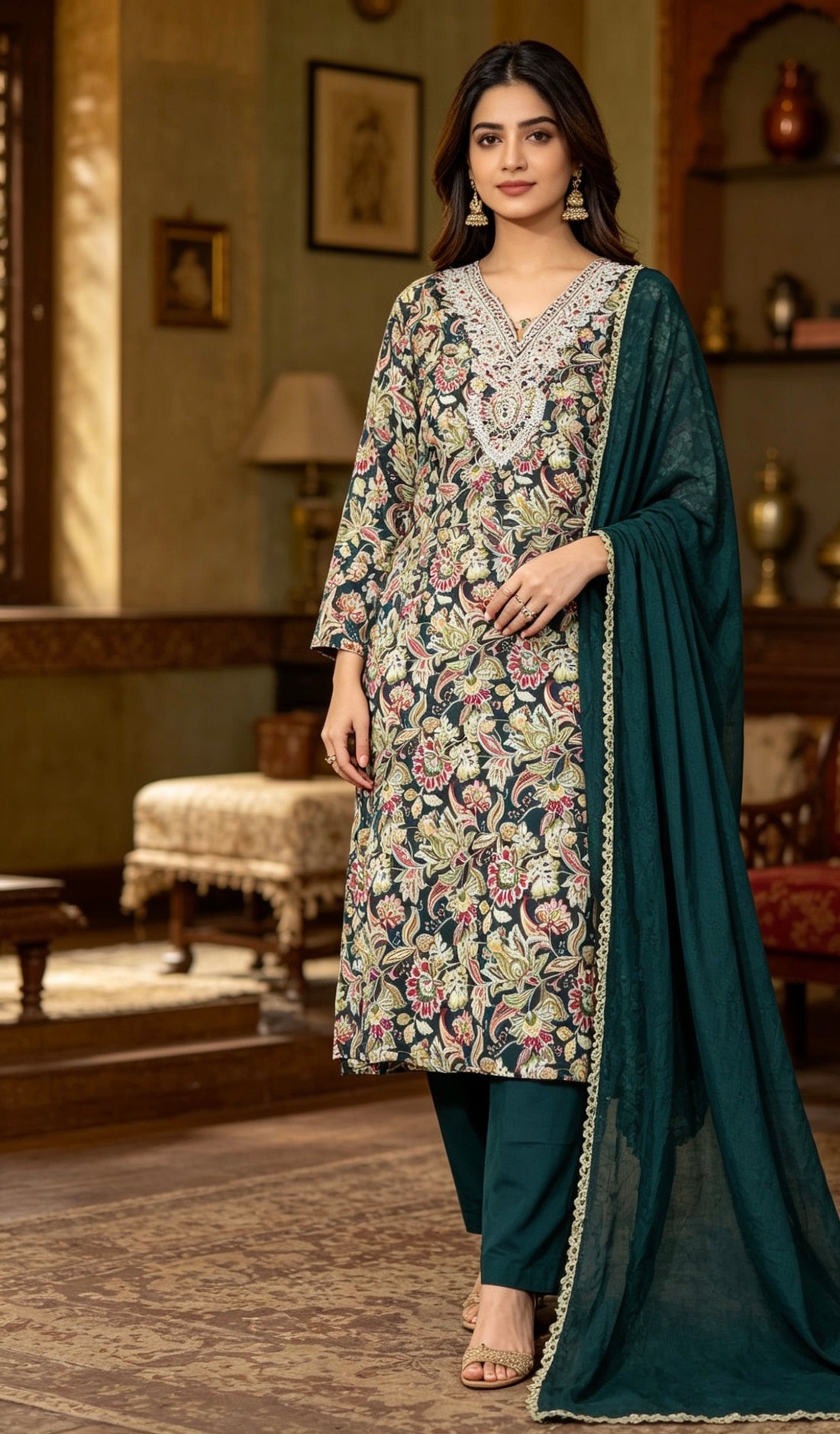 SB08 Dark Green Cotton Blend Floral Print & Embroidered Kurta Pant Dupatta Set