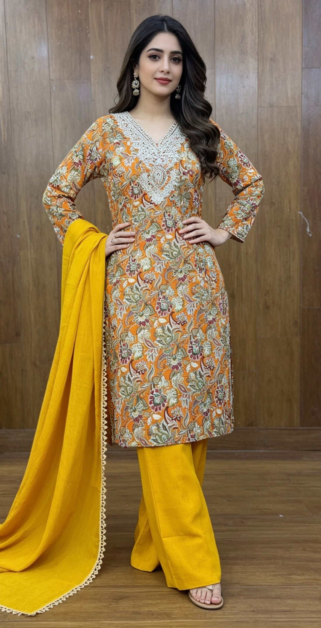 SB10 Mustard Yellow Cotton Blend Floral Print & Embroidered Kurta Pant Dupatta Set
