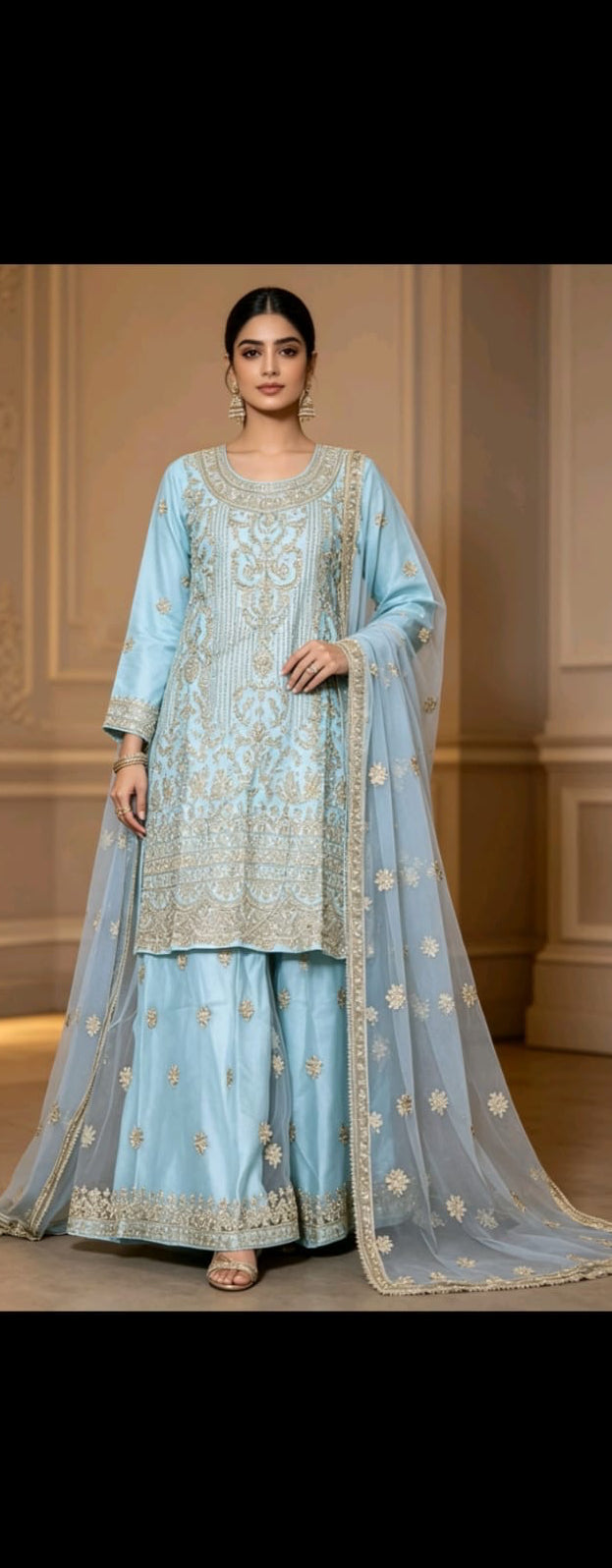 S001 Sky Blue Heavy Embroidered Sharara Suit Set ✨