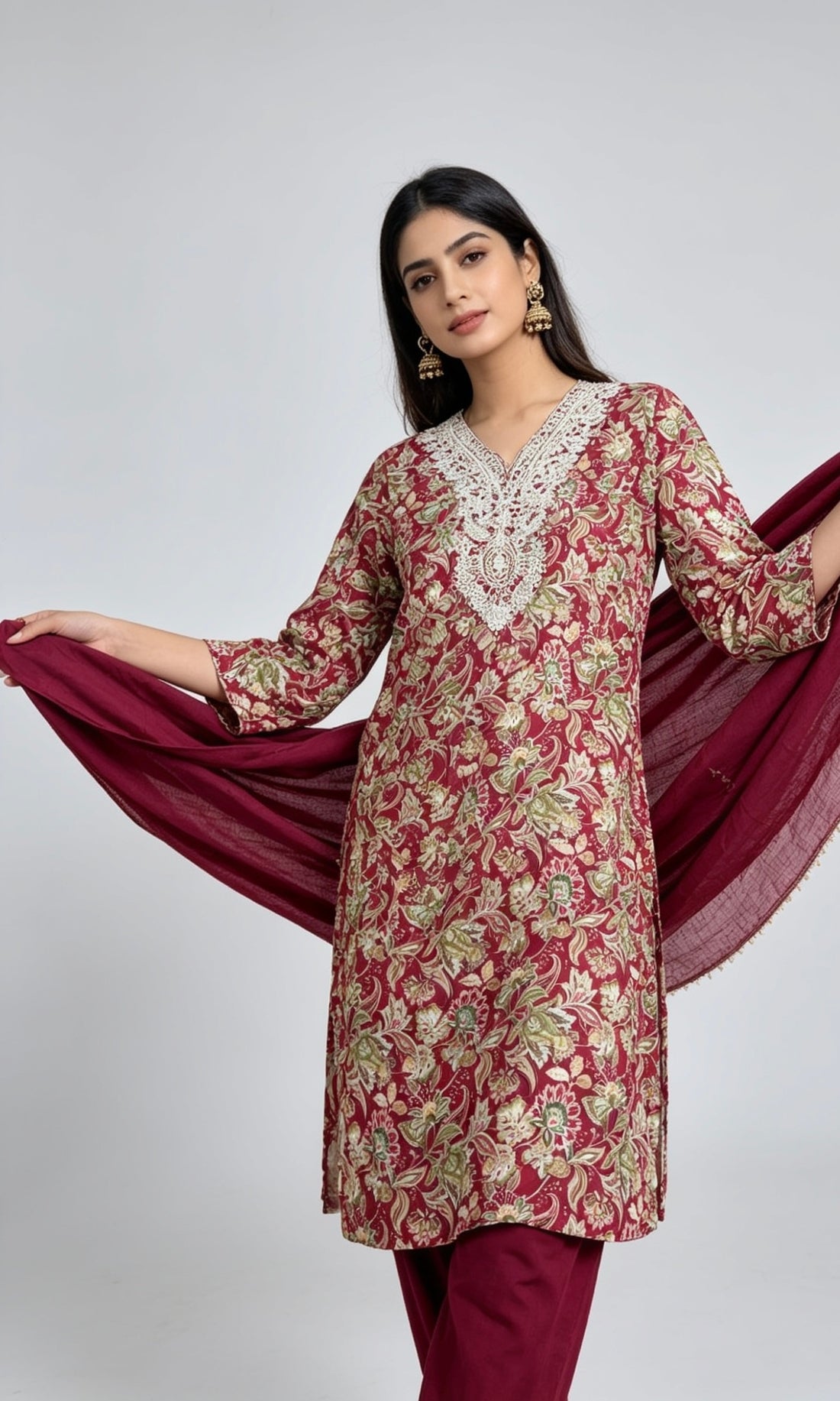 SB07 Maroon Cotton Blend Floral Print & Embroidered Kurta Pant Dupatta Set