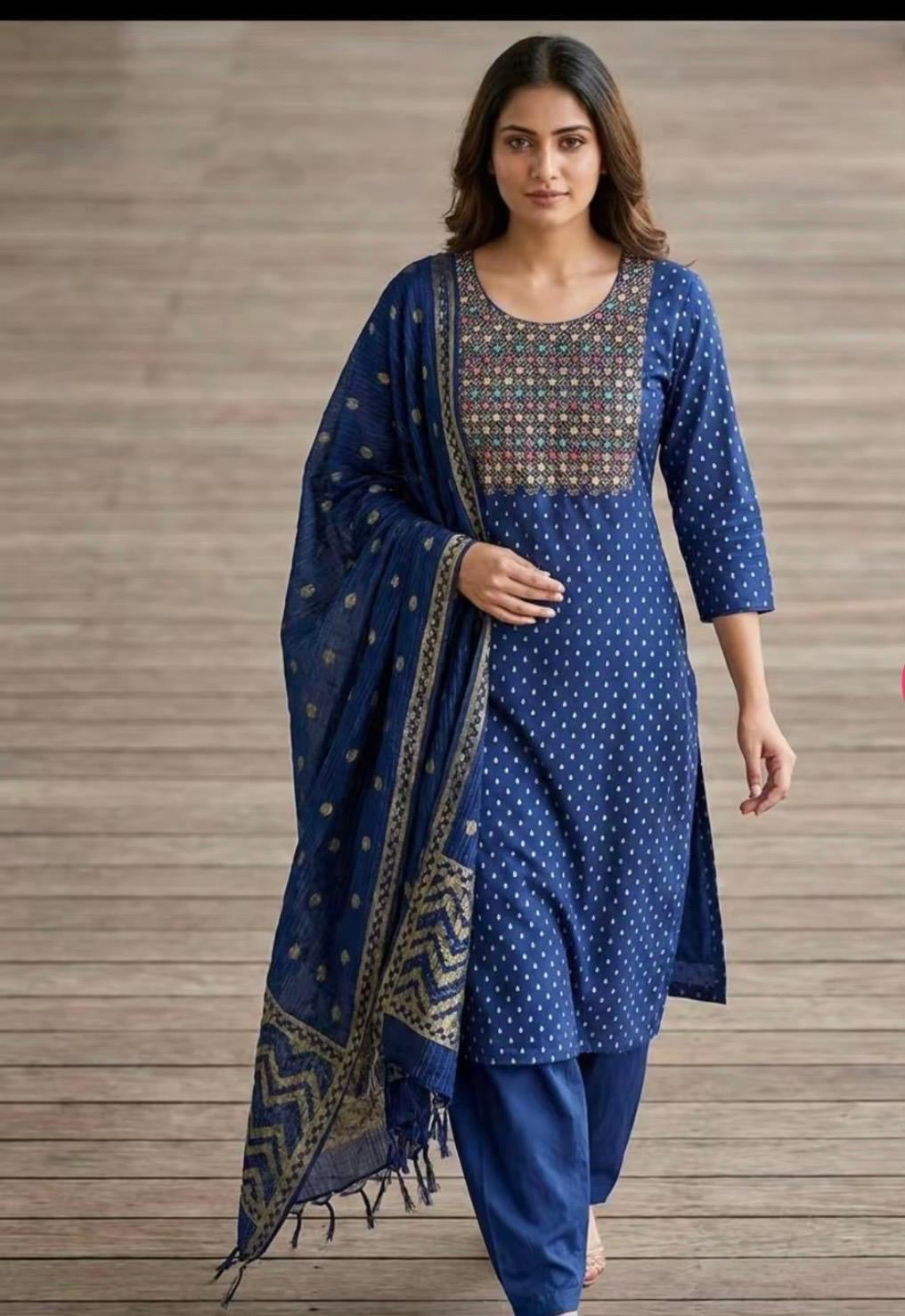 SB13 Navy Blue Mirror Work Neck Straight Cotton Kurta Pant Dupatta Set ✨
