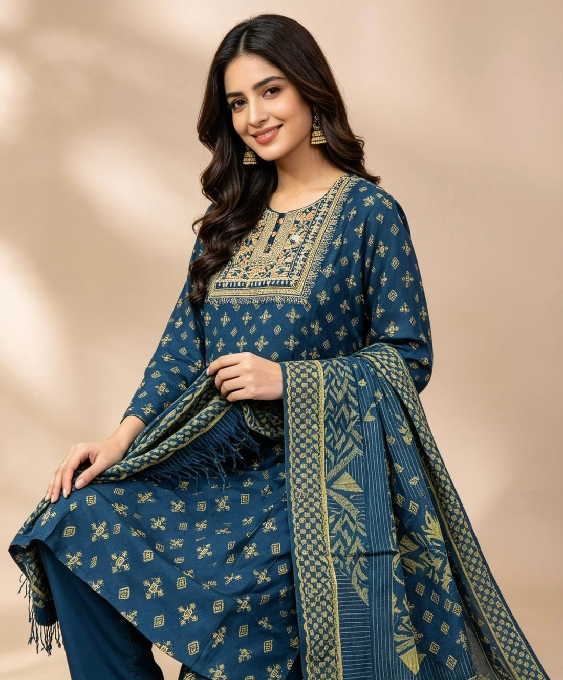 SB19 Teal Printed Cotton Kurta Pant Dupatta Set ✨