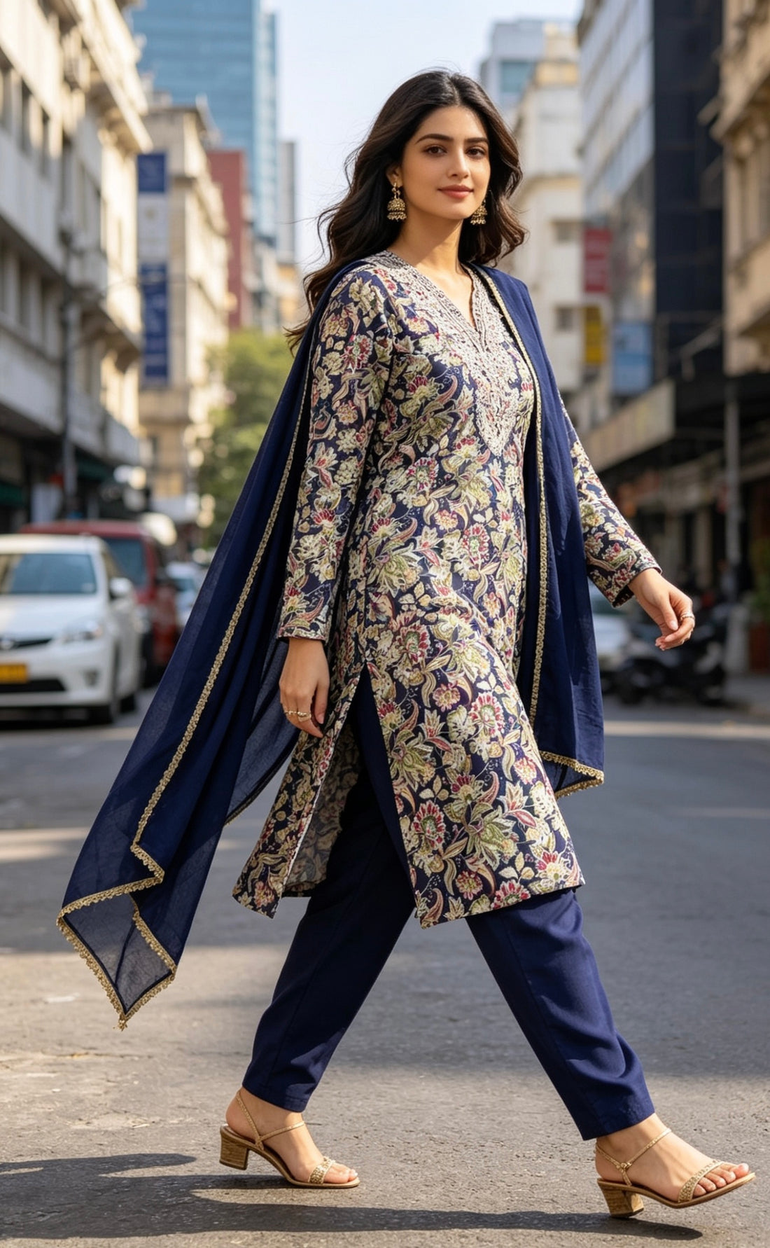 SB09 Navy Blue Cotton Blend Floral Print & Embroidered Kurta Pant Dupatta Set