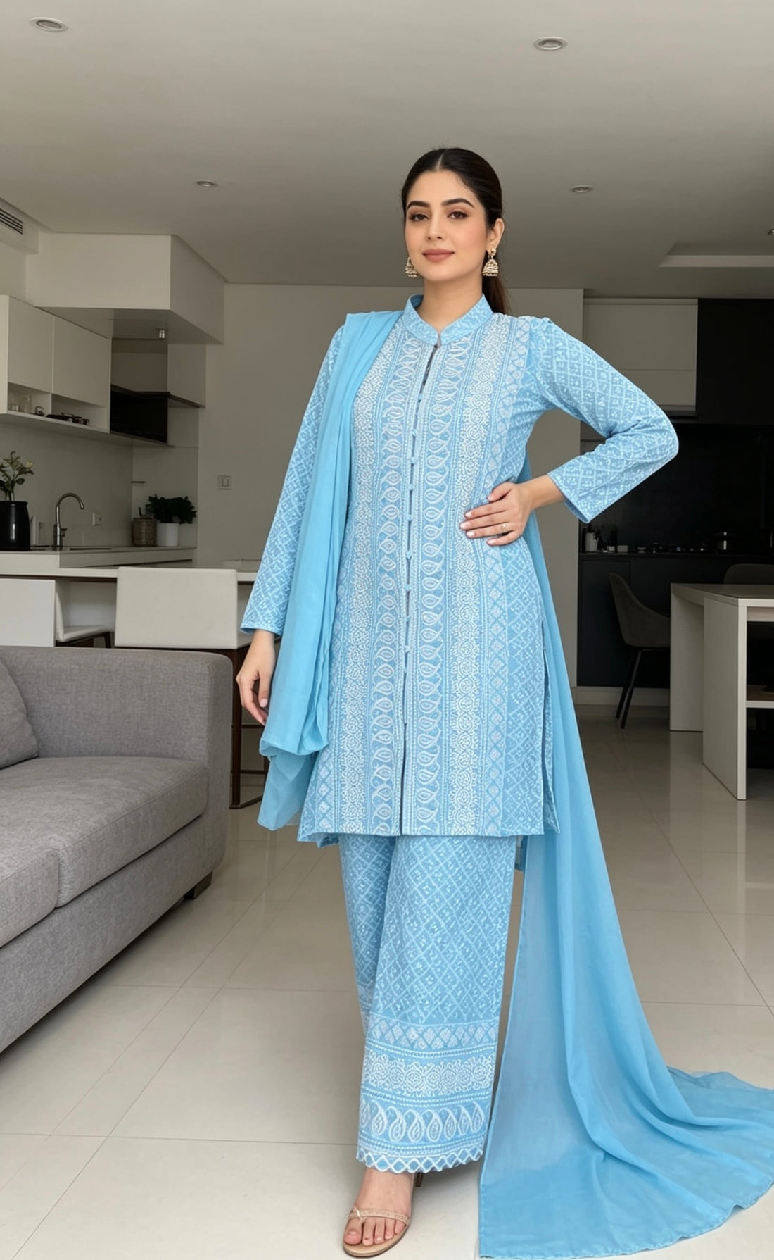 SB02 Sky Blue Cotton Blend Chikankari Style Kurta Pant Dupatta Set