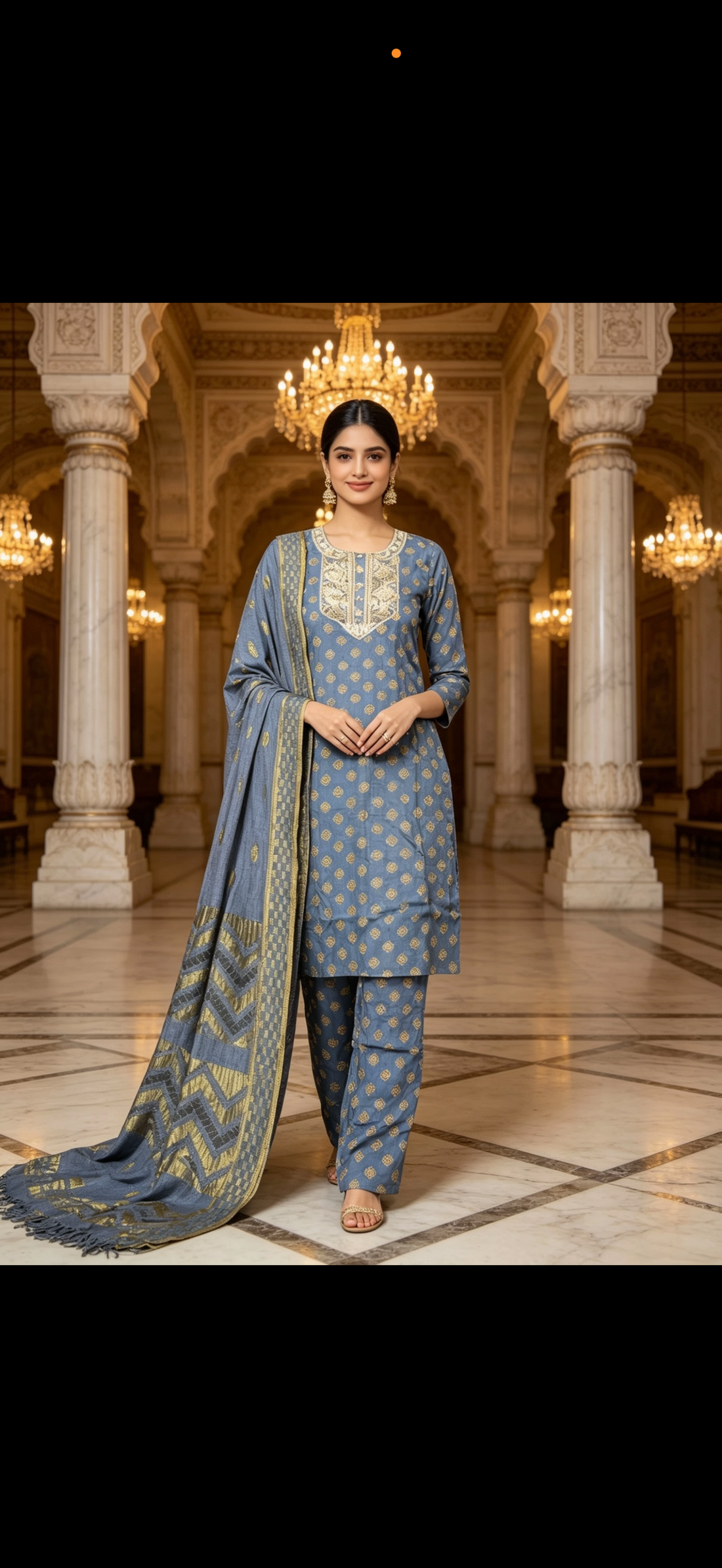 SB34 Grey Rayon Cotton Suit with Dark Gold Print, Sequence Work Neck Patch & Net Designer Dupatta ✨