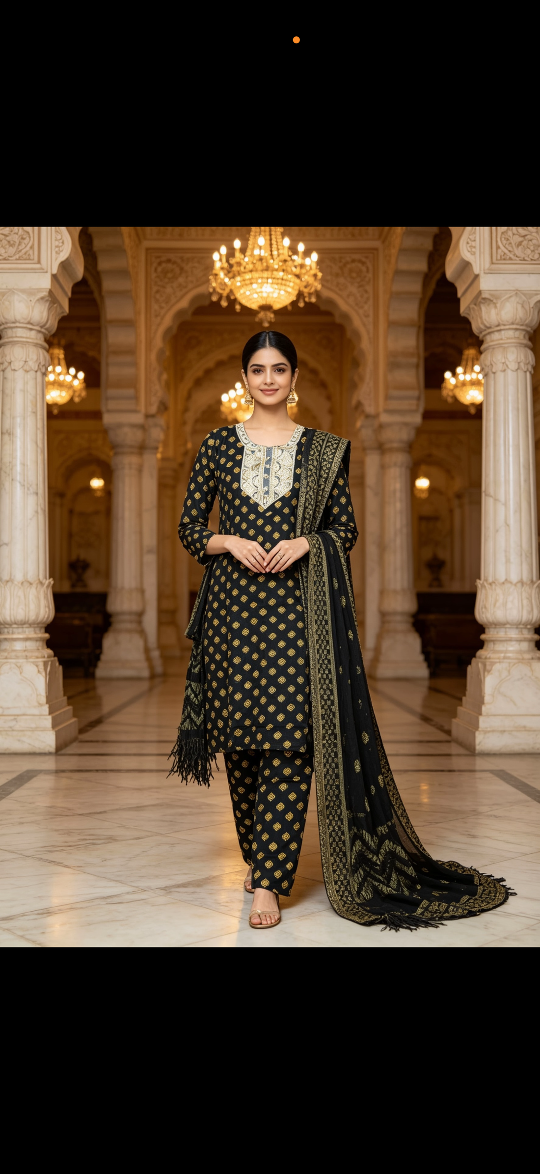 SB32 Black Rayon Cotton Suit with Dark Gold Print, Sequence Work Neck Patch & Net Designer Dupatta ✨