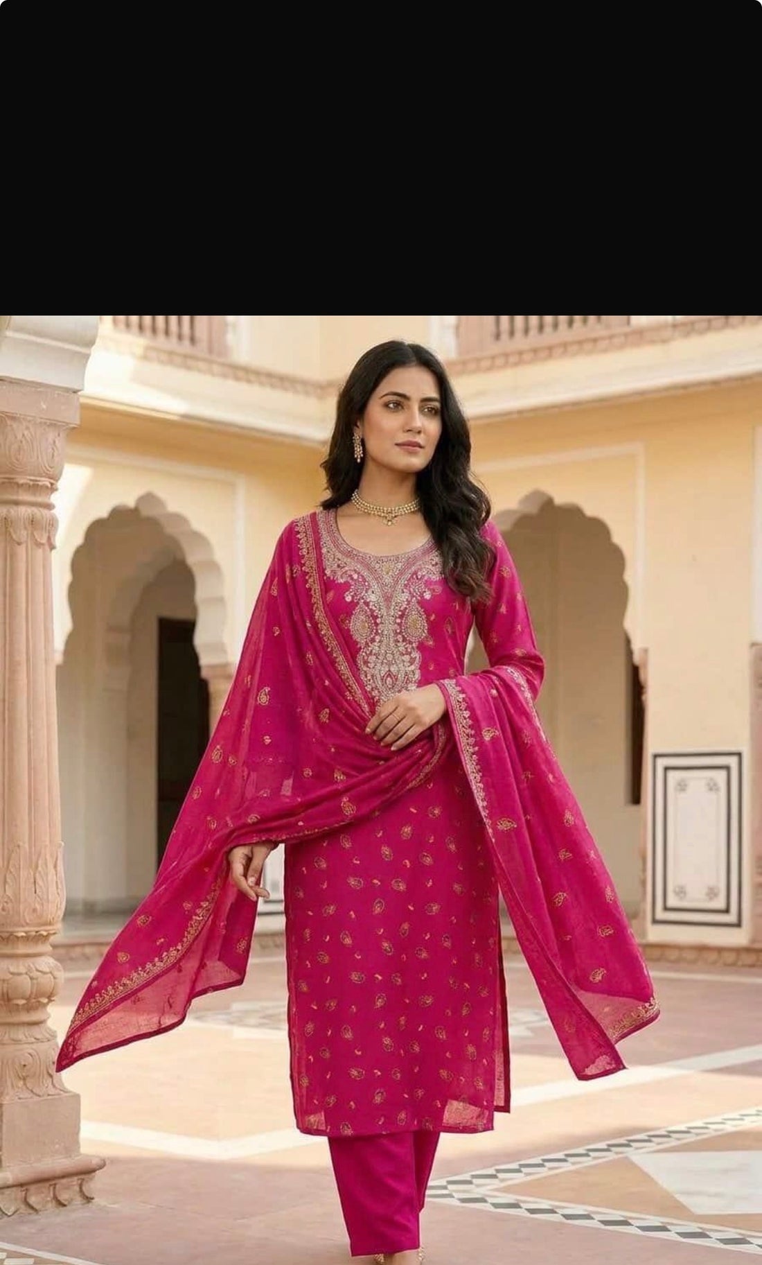 SB31 Hot Pink Embroidered Foil Print Kurta Set ✨