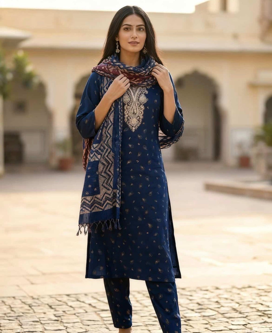 SB30 Navy Blue Embroidered Foil Print Kurta Set ✨