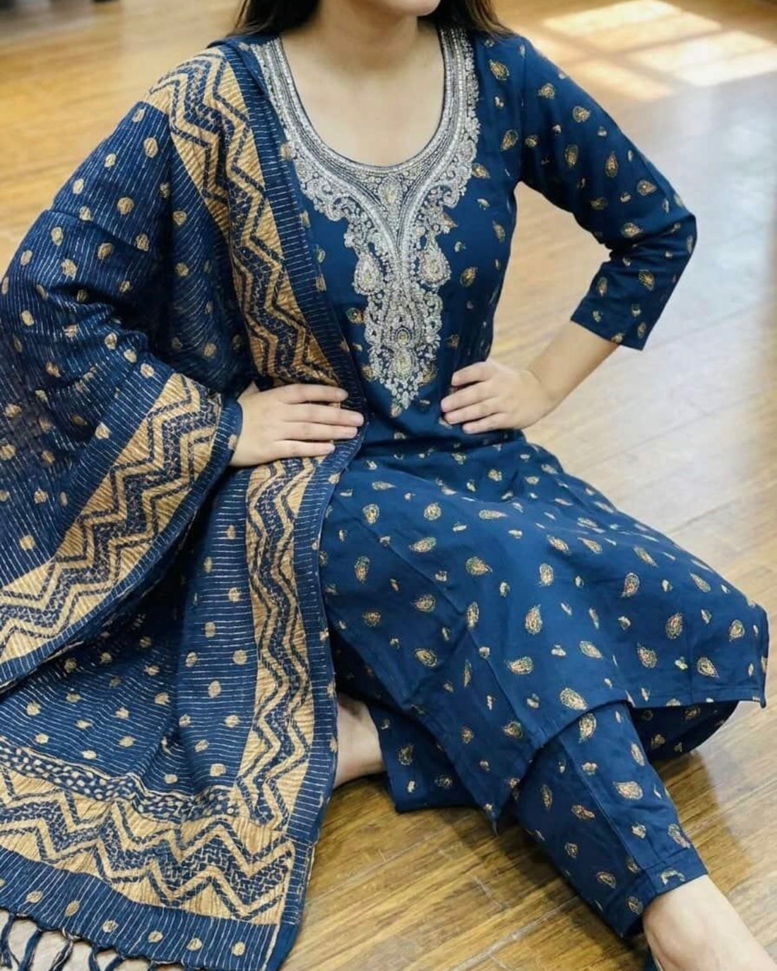 SB28 Teal Blue Embroidered Foil Print Kurta Pant Dupatta Set ✨