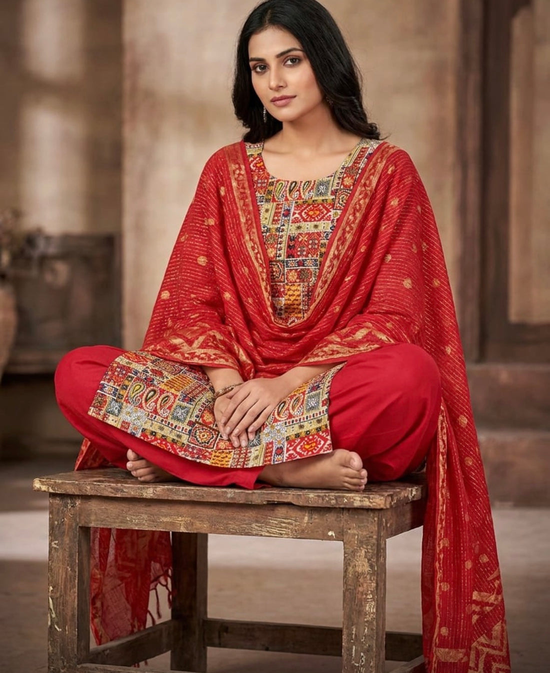 SB25 Red Multi-Print Embroidered Kurta Set ✨