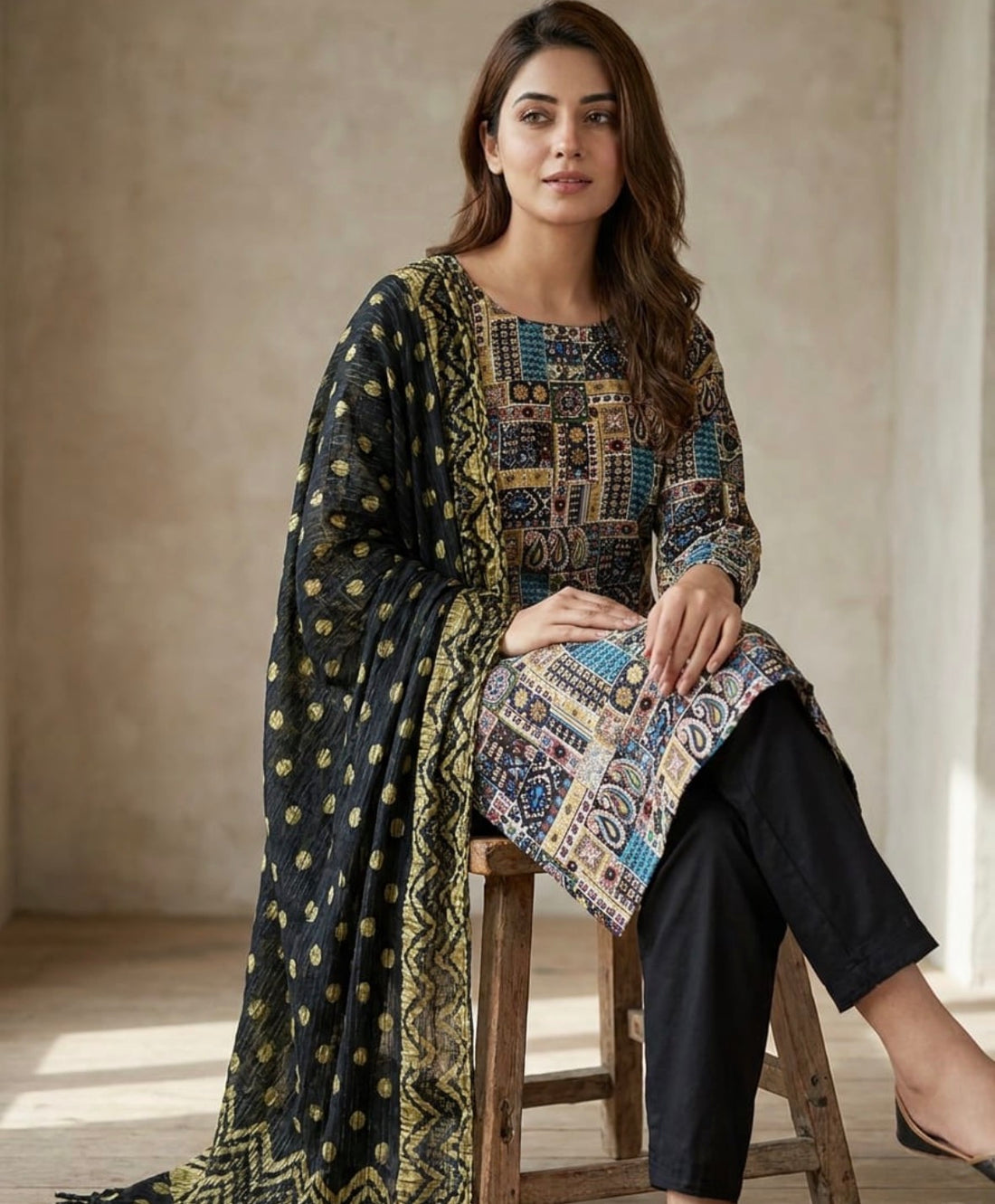 SB24 Black Foil Print Kurta Set with Plain Trousers &amp; Net Dupatta ✨