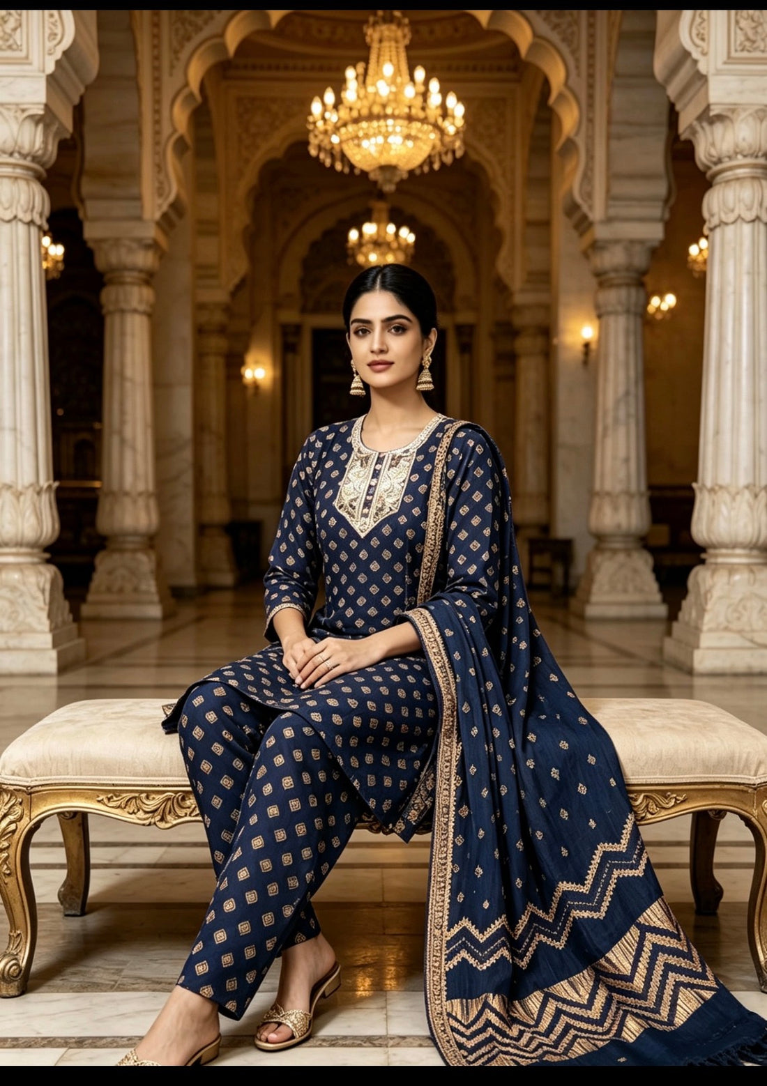 SB35 Navy Blue Rayon Cotton Suit with Dark Gold Print, Sequence Work Neck Patch &amp; Net Designer Dupatta ✨