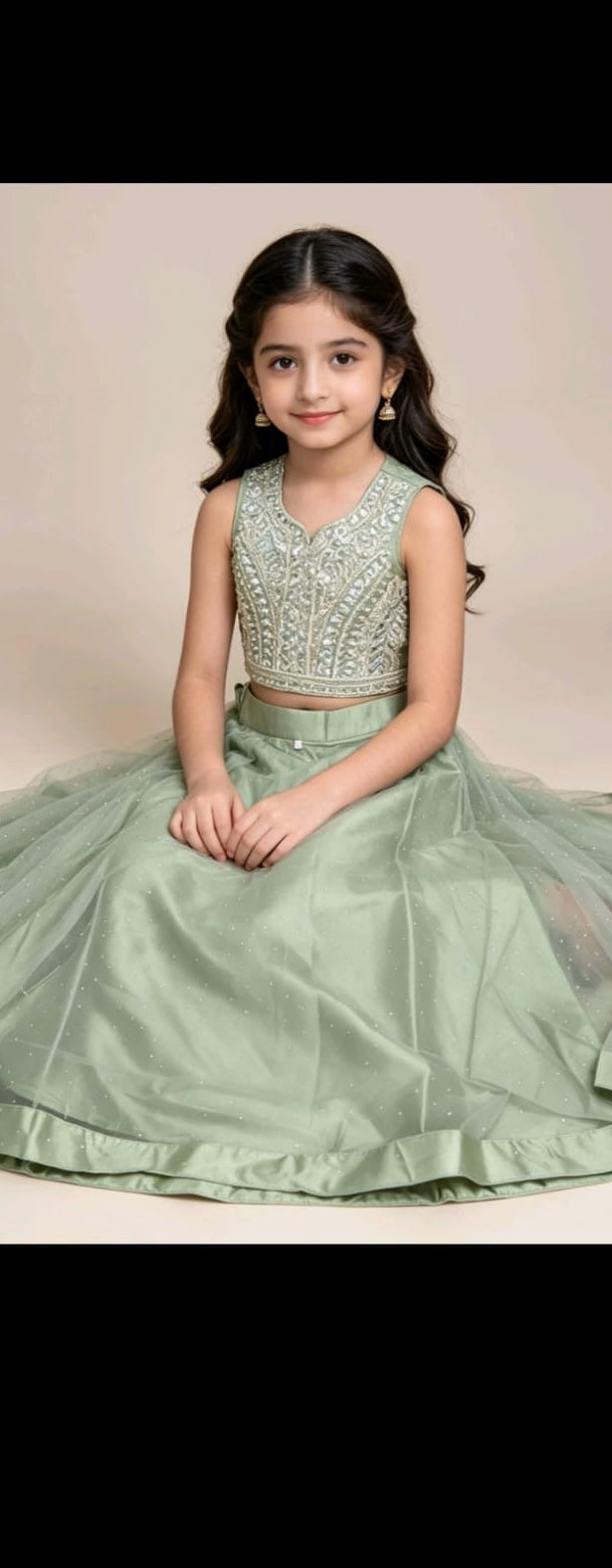 K001 Kids Pista Green Embroidered Net Lehenga Choli Set ✨