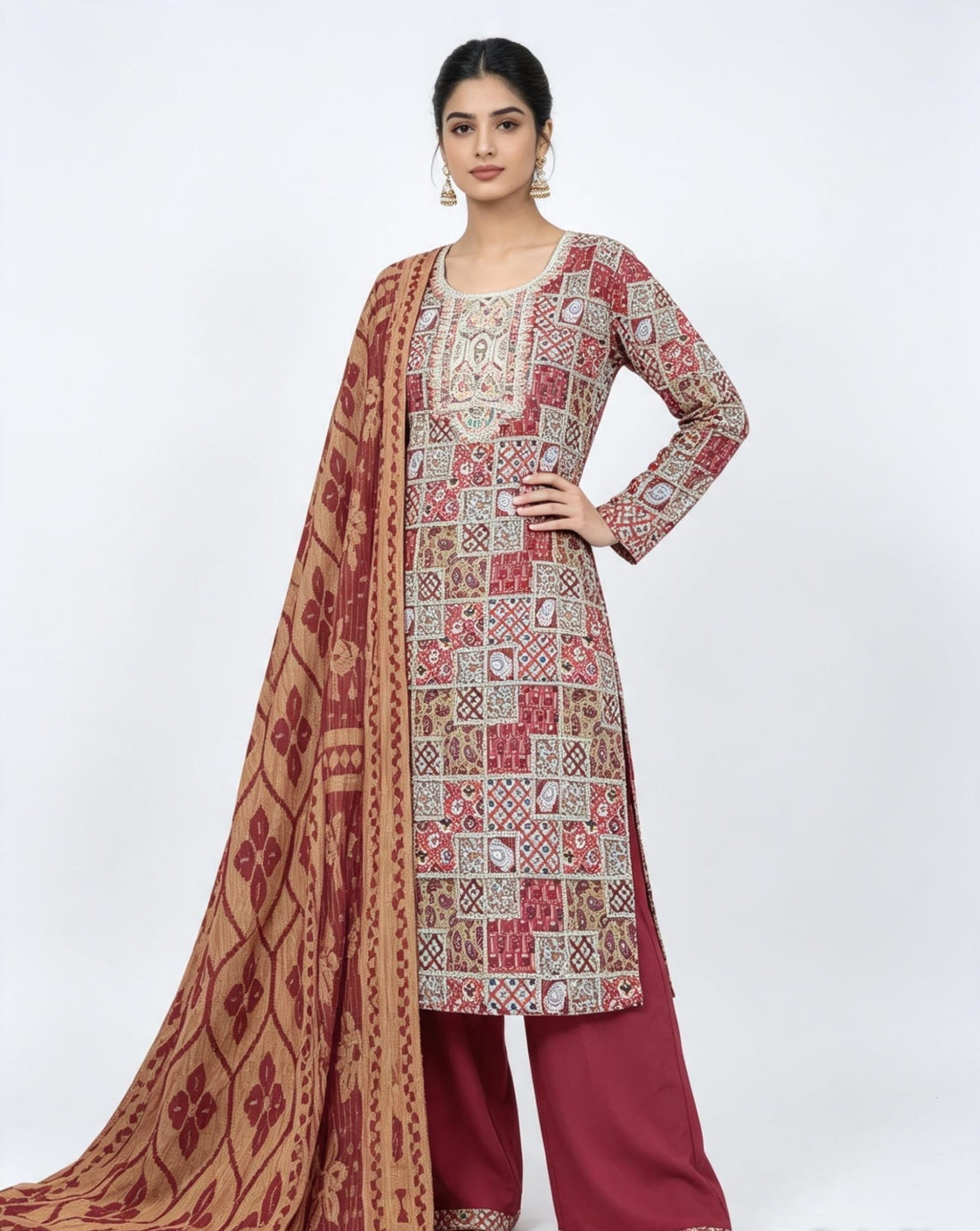 SB36 Reddish Maroon 3-Piece Foil Print Suit with Net Designer Dupatta And Plain Trousers ✨