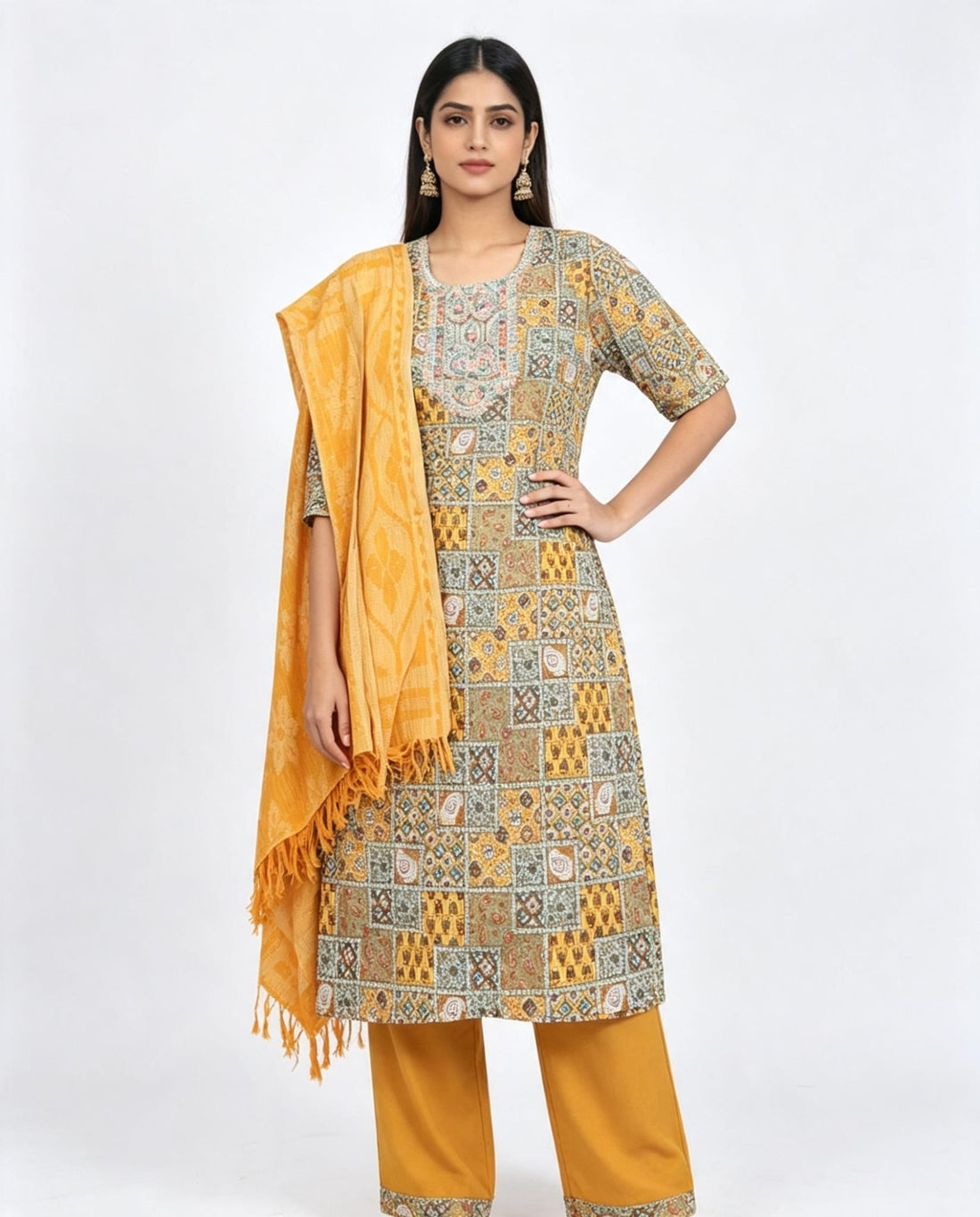 SB37 Mustard 3-Piece Foil Print Suit with Net Designer Dupatta &amp; Plain Trousers ✨