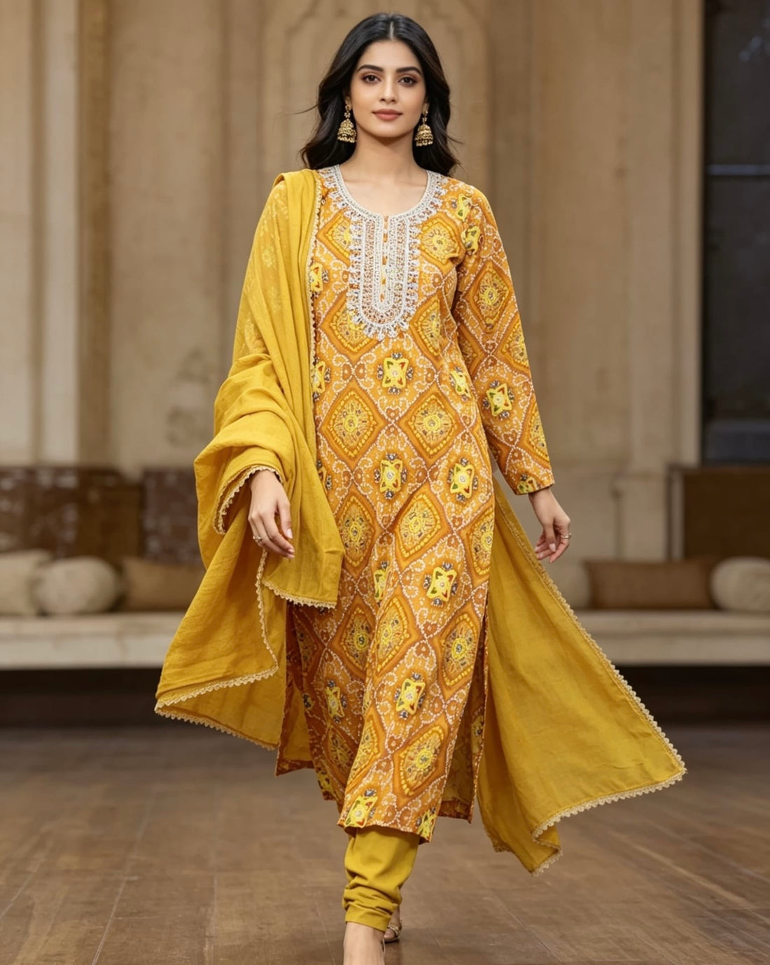 SB20 Mustard Bandhani Print Embroidered Kurta Pant Dupatta Set ✨