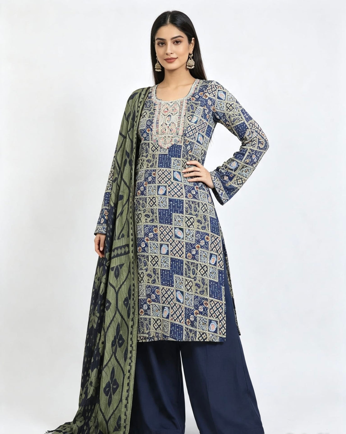 SB39 Navy blue 3-Piece Foil Print Suit with Net Designer Dupatta &amp; Plain Trousers ✨