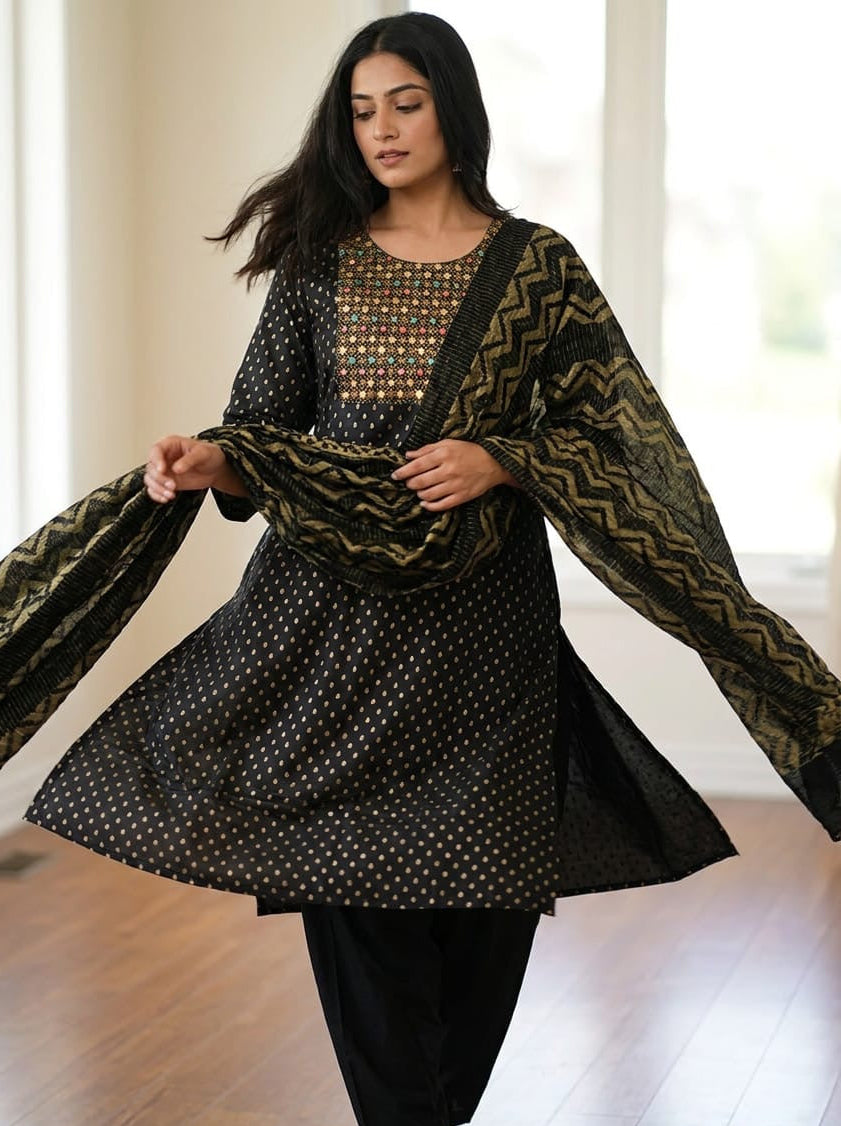SB14 Black Mirror Work Neck Straight Cotton Kurta Pant Dupatta Set ✨