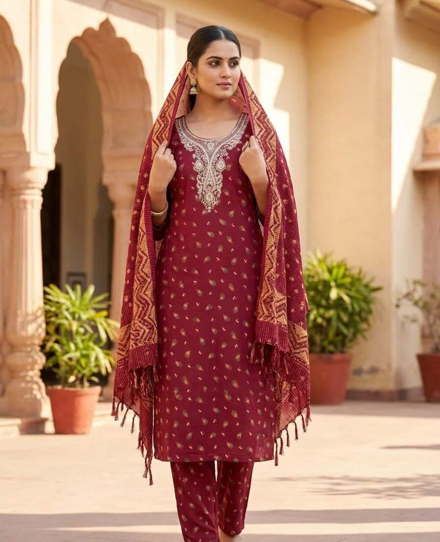 SB29 Maroon Embroidered Foil Print Kurta Set ✨